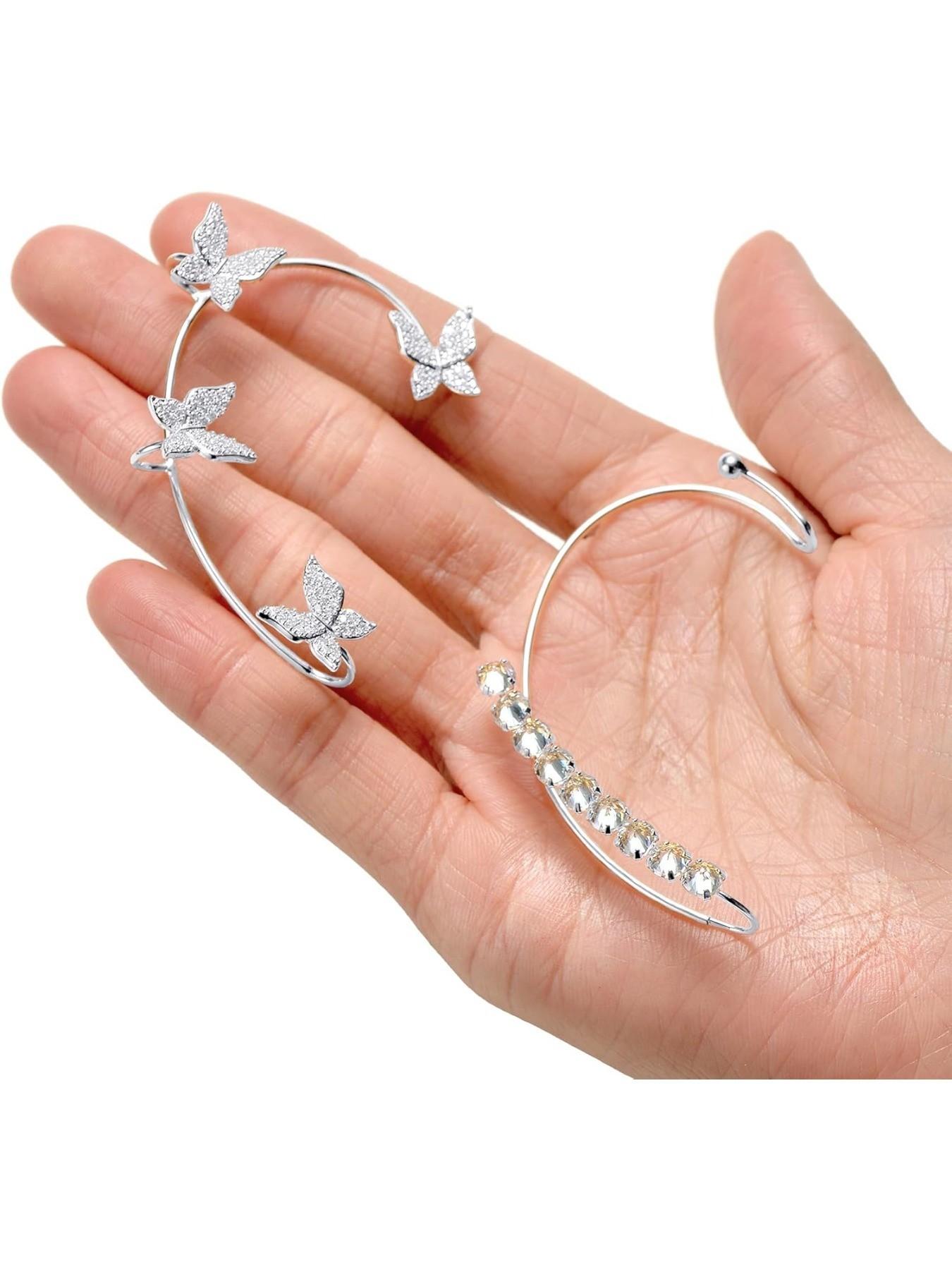 4Pcs Butterfly Long Tassel Ear Cuff Dangle Chain Earrings Wrap Crawler CZ Ear Clip Wrap Around Fake Earrings for Women Silver Gold Tone Right Ear