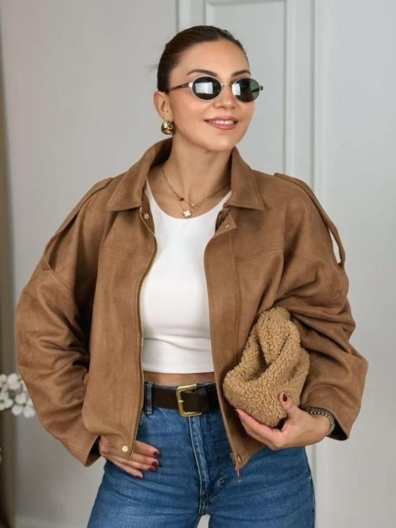 Women's Cropped Suede Jacket Demi-Season Bomber Jacket Female Outerwears Street Long Sleeve Oversized Black Brown Green Red Jacket Woman Fashion Zip Up Short Coat
