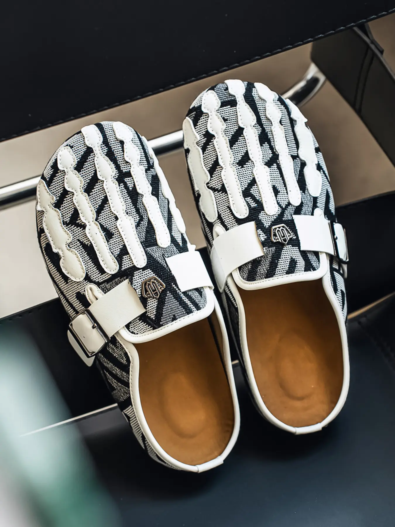 Unisex Bohemian Ethnic Pattern Skeleton Mule Clogs, Vibrant Red Woven Jacquard Upper Colorful Tribal Motifs White Skeletal Toe Slippers, Adjustable Buckle Strap Non-Slip Flat Sole, Edgy Boho Slip-On Shoes For Festival Party Daily Wear
