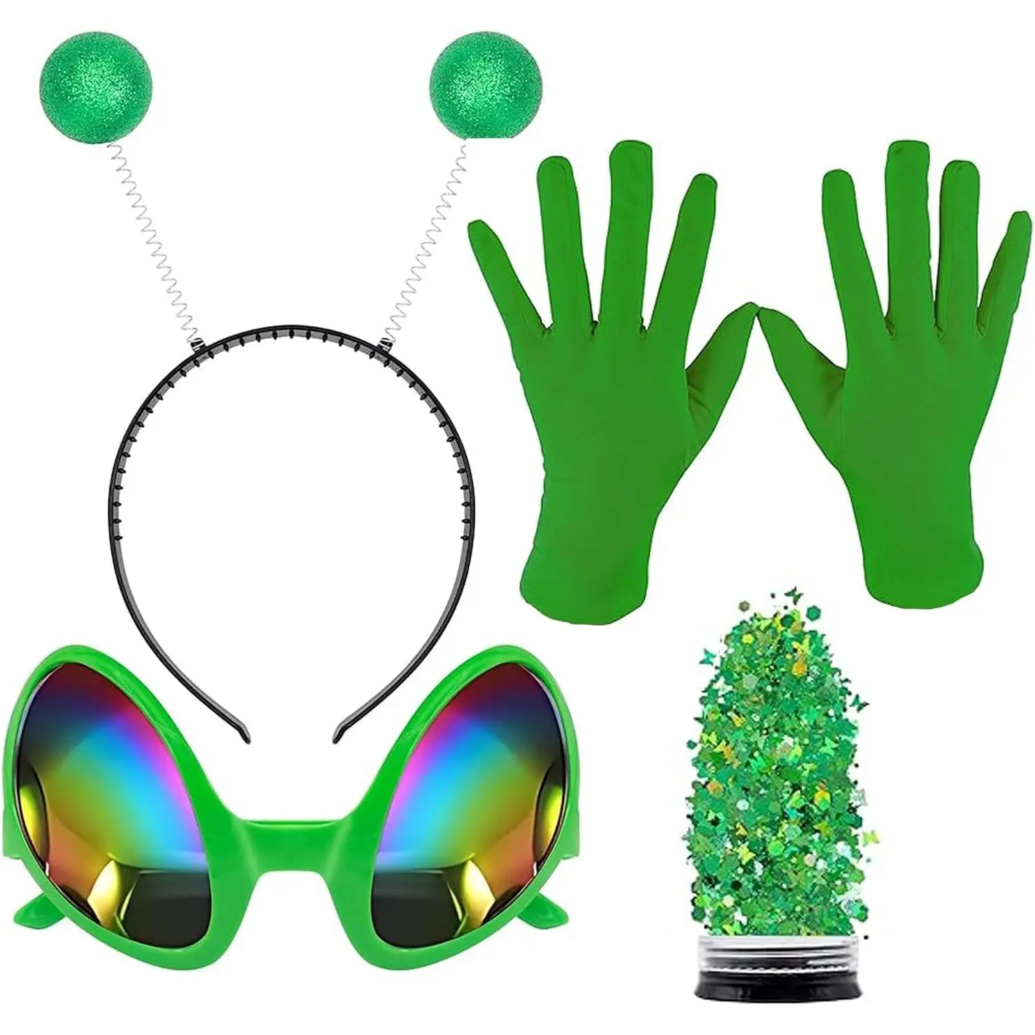 Alien Costume Accessories with Headband, Glasses, Holographic Glitter, and Gloves for Women Party CosplayGift