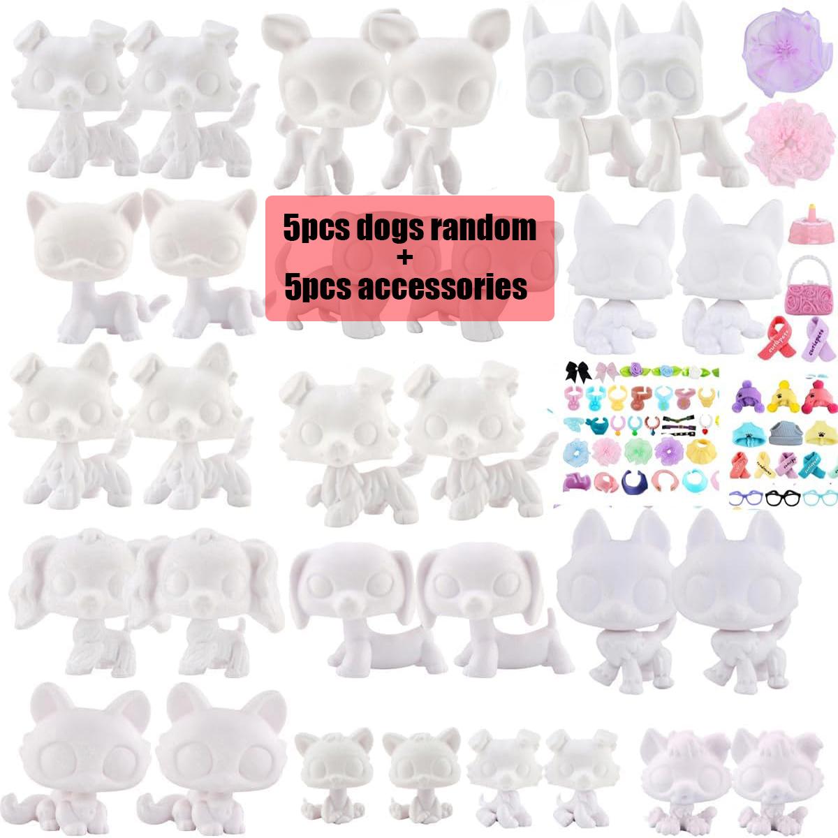 White Base, 5 Piece Random Husky Great Dane Collie Dachshund Dog Puppy Shorthair Cat Crouching Cat Kitten DIY Paint Blank Molds Compitable with LPS Fans