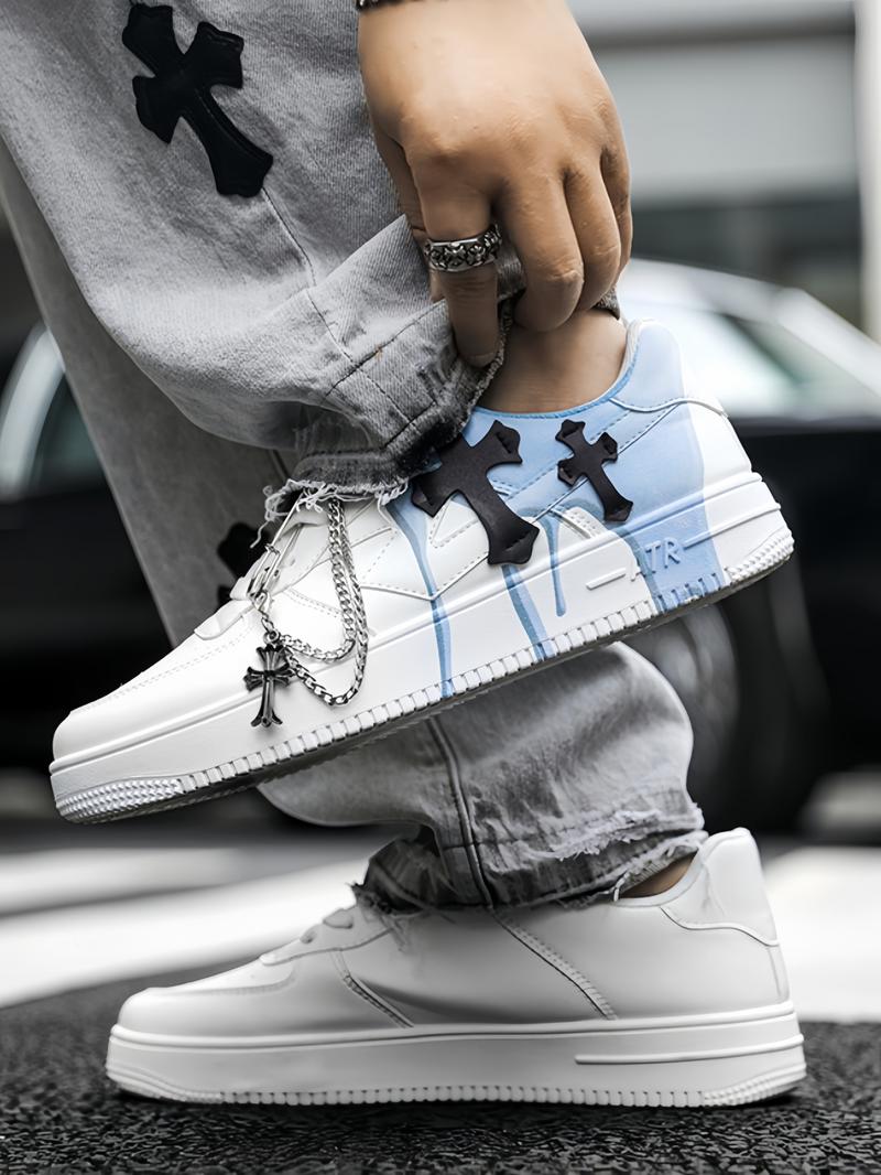 Klein Blue Trend Cross Sneakers - Metal Chain Decoration + Leather Cross Label + Breathable Perforated Upper, Suitable for Street Outfits & Daily Leisure, Eye-Catching Personality Comfortable & Breathable Trendy & Adaptable Strong Fashion Sense
