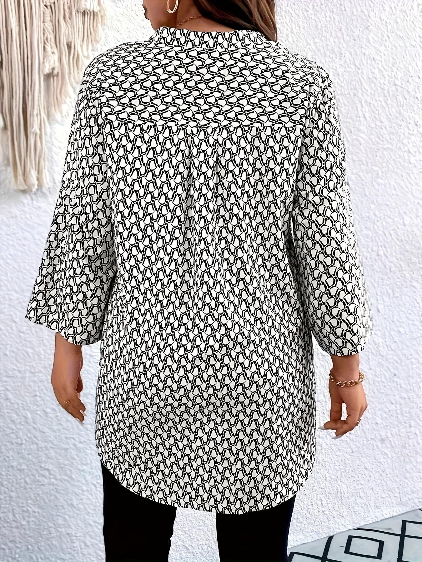 【Plus Size】 All Over Print Rolled Sleeve Blouse, Fashion and Trends Casual Notched Top for Spring & Fall, Women's Clothes for Daily Wear