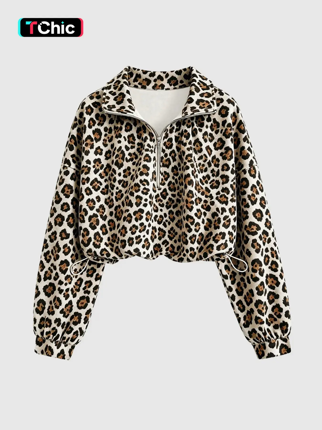 Women's Leopard Print Half Zip Collared Cropped Sweatshirt Drop Shoulder Long Sleeve Pullover Adjustable Drawstring Hem Loose Oversized Trendy Animal Pattern Top Casual Streetwear Blouse