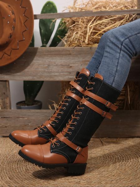 Women's Long Motorcycle Boots, Western Style Round Toe Thick Sole, Durable Comfortable Design, Perfect for Casual Wear
