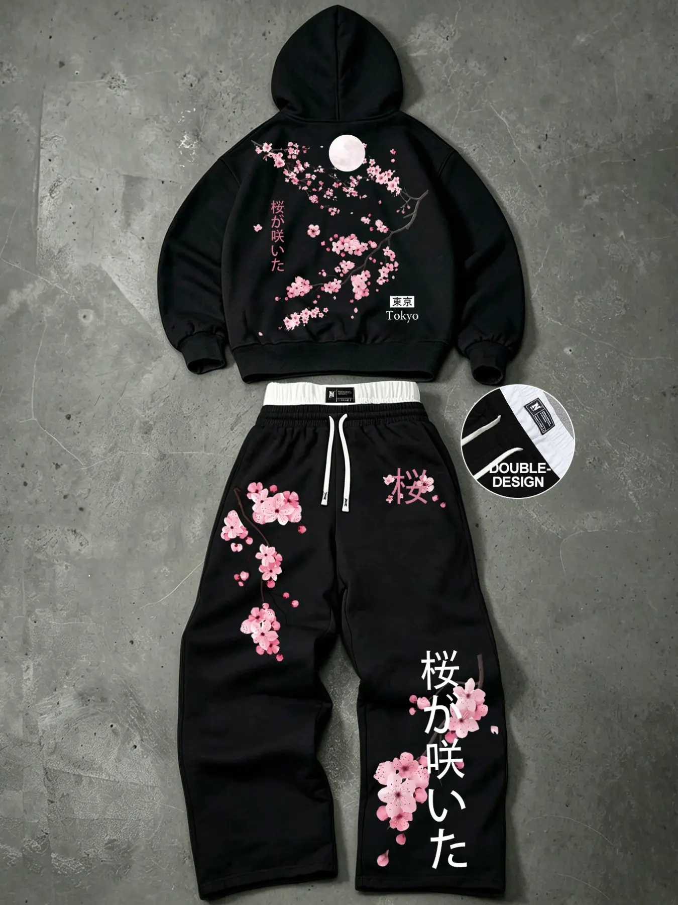 Japanese Streetwear Sakura Printed Hoodie and Sweatpants 2 Piece Tracksuit Set | Oversized Y2K Cherry Blossom Matching Sweatsuit with Double Waistband Design for Autumn Winter Casual Wear