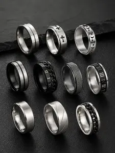 Men's Stainless Steel Ring Set, Fashion Rings, Punk Style, Polished, Sandblasted, Cross Line Texture, Chain Design, Casual Party Vacation Wear, Stackable Rings, Stacking Rings, Stackable Finger Rings