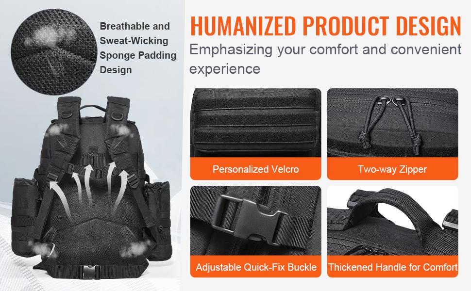 Tactical Backpack, 45L Military Tactical Backpack with Molle Design 3 Compartments, Army Assault Pack Bag for Men and Women, Range Gear Backpack for Outdoor Adventure, Hiking, Hunting, Black