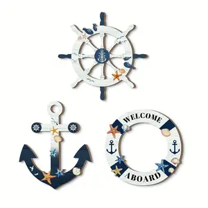 Mediterranean Style Wooden Wall Art 2D Flat-Print Set - Vintage Blue and White Decorative Plaques & Signs with Anchors and Ship Wheels - Perfect for Living Room, Bathroom & Stairs Wall Decor - Adhesive Included for Easy Installation