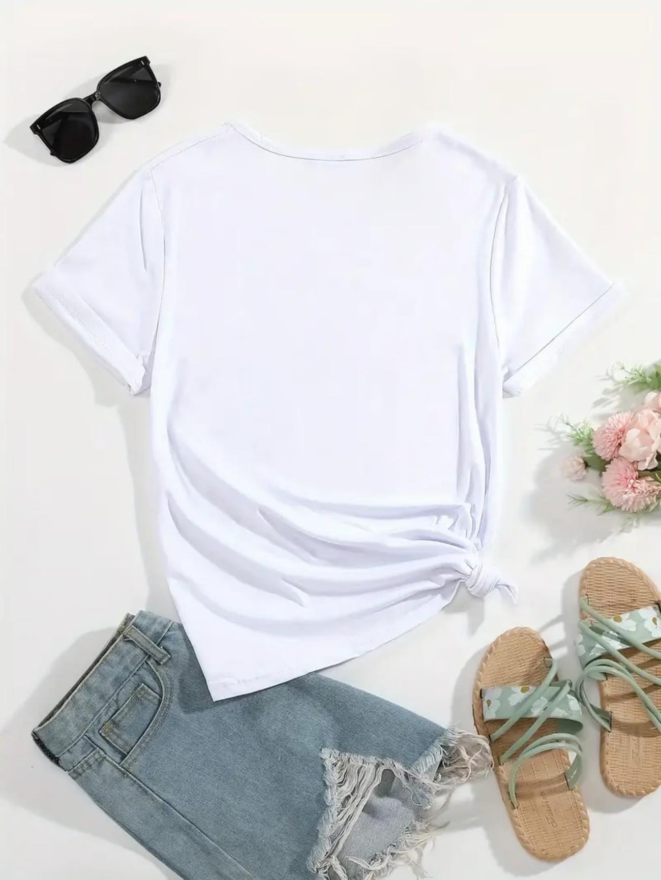 Women crew neck graphic print short sleeve tees, casual athletic loose tops with soft breathable fabric, fade-resistant durable clothing for summer commute and daily shopping.