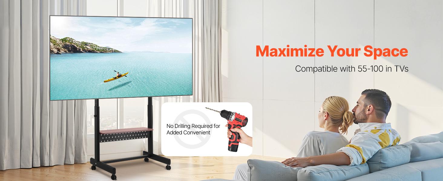 VEVOR Rolling TV Stand, Mobile TV Cart for 55-100 Inch Screens, Height Adjustable Portable Monitor Stand with Tray, Holds up to 205 lbs for Living Room, Bedroom, Office, Outdoor Max VESA 800x 600 mm