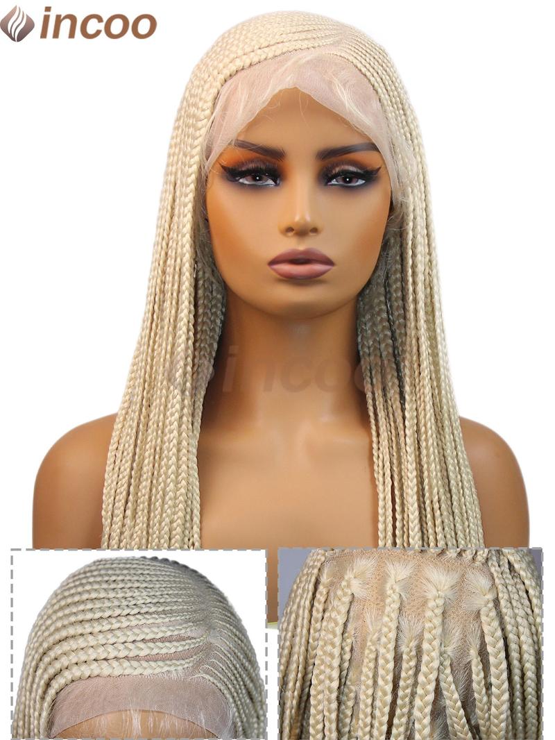 36“ Honey Blonde 613 Colored Full Lace Front Wig Cornrow Double Braided Wigs For Black Women Synthetic Side Part Box Braided Wigs Jumbo Long Faux Locs Braids Wigs Full Lace Frontal Braids Wig Side Part Knotless Cornrow Braided Lace Front Wig Twist Braided