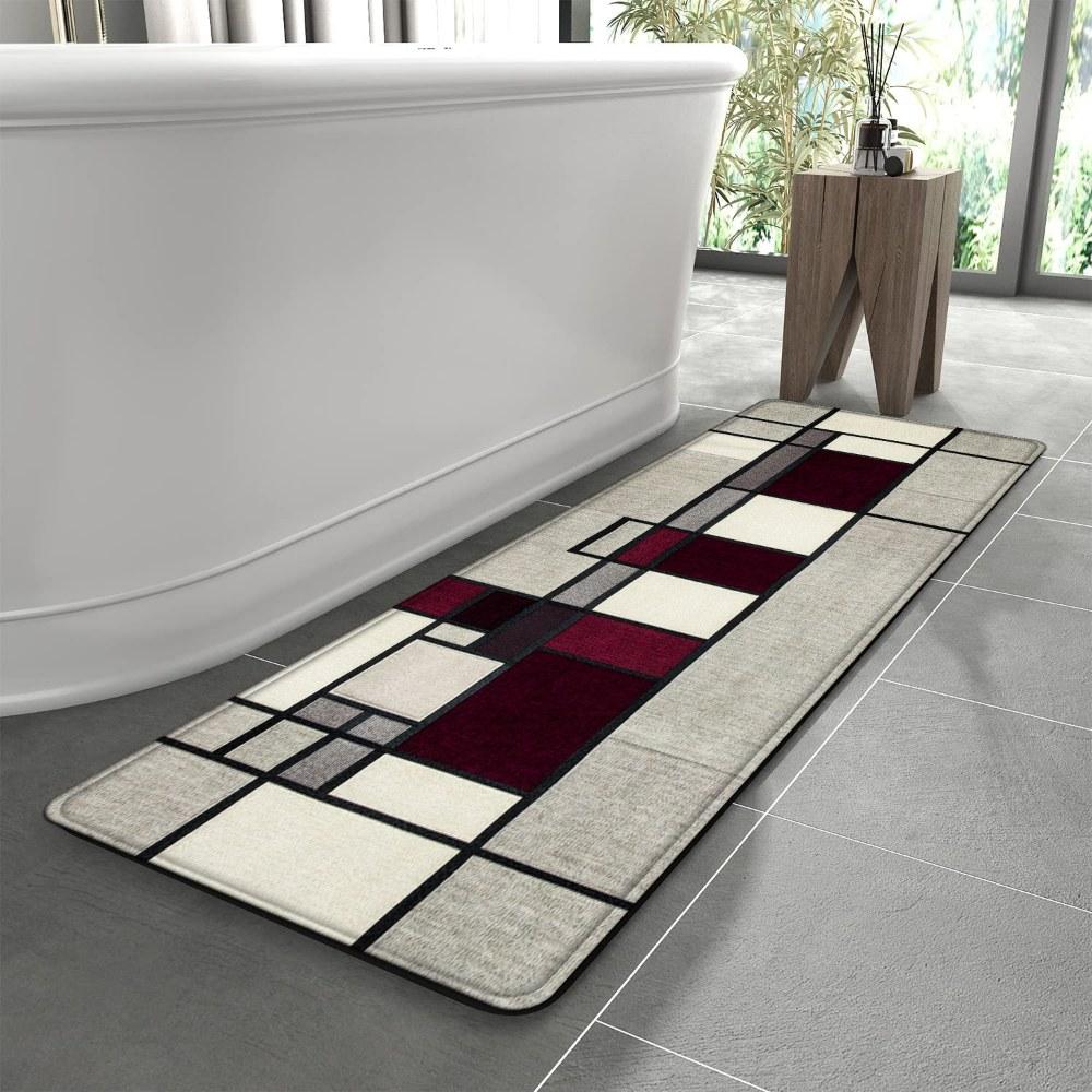 1PC， Black Red Gray Geometric Splicing Patterned strip rugs, home décor, bathroom mats, entryway mats, bathroom non-slip mats, indoor entrance rugs, bedroom bedside mats, kitchen mats, hallway rugs, flannel sponge rugs, hallway runner rugs