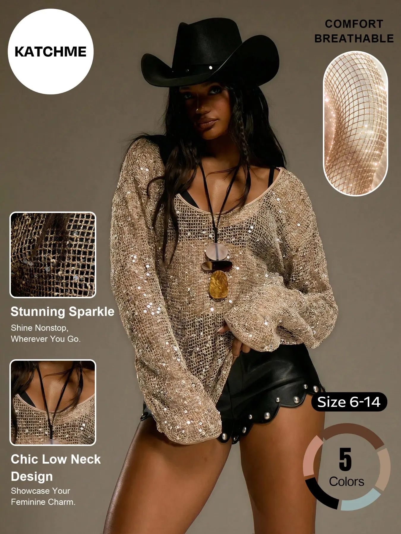 Women's Chic All-Over Sparkle Sheer Hollow Out Long Sleeve Top, Versatile Low-Neckline Loose Fit Glitter Casual Cover-Up #TikTokMadeMeBuyIt #SummerTop#StreetStyle