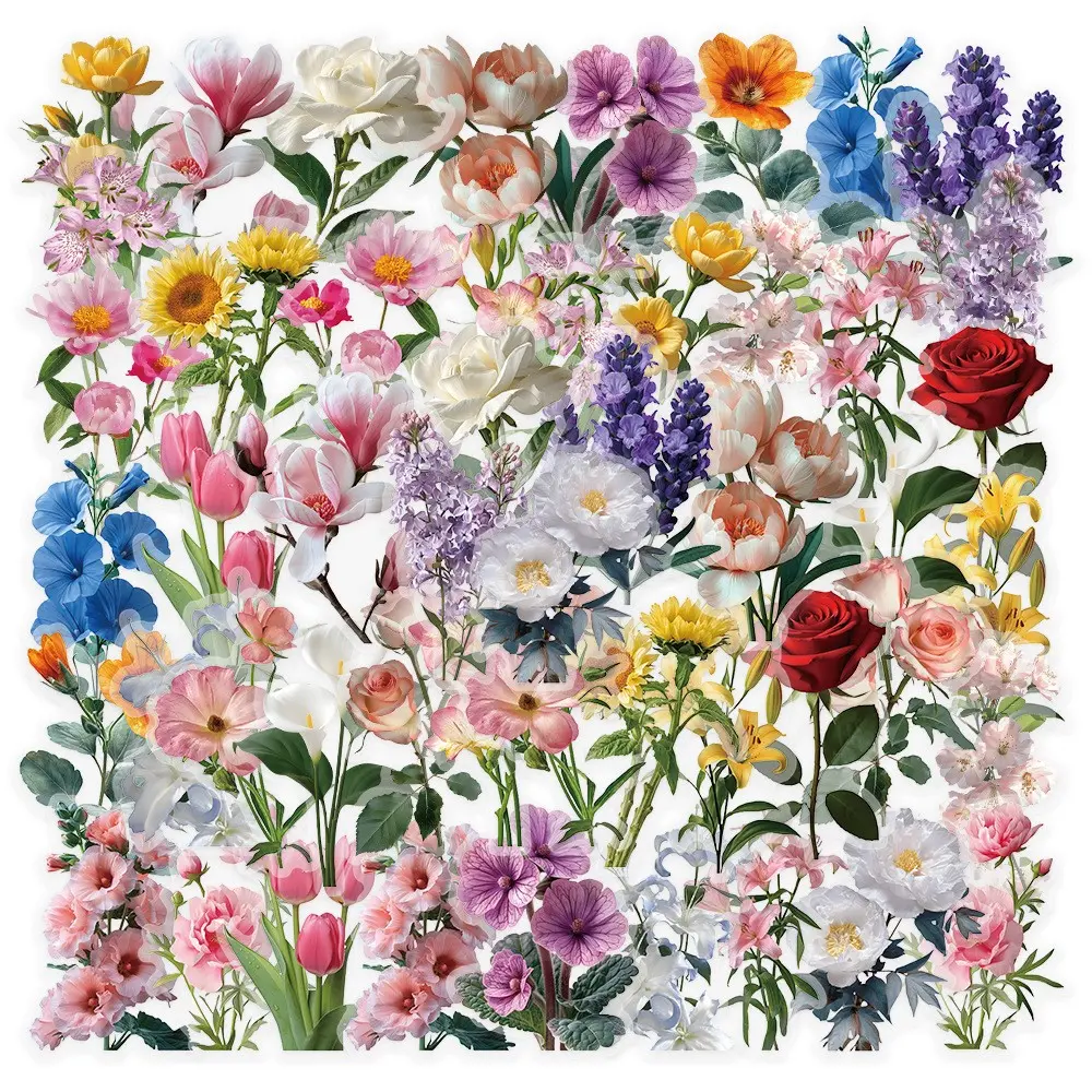 50PCS Transparent Flower Stickers for Girls, Clear Floarl Aesthetic Stickers for Scrapbooking Water Bottle Laptop Planner DIY Crafts