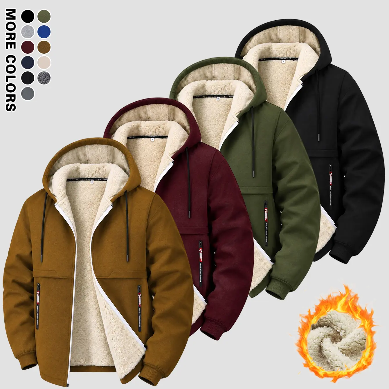 Men's Autumn-Winter Workwear Hooded Fleece-Lined Thick Down Coat - Long Sleeve Plain Zip-Up Cardigan with Multiple Pockets, Casual Loose-Fit Retro Trendy Tops