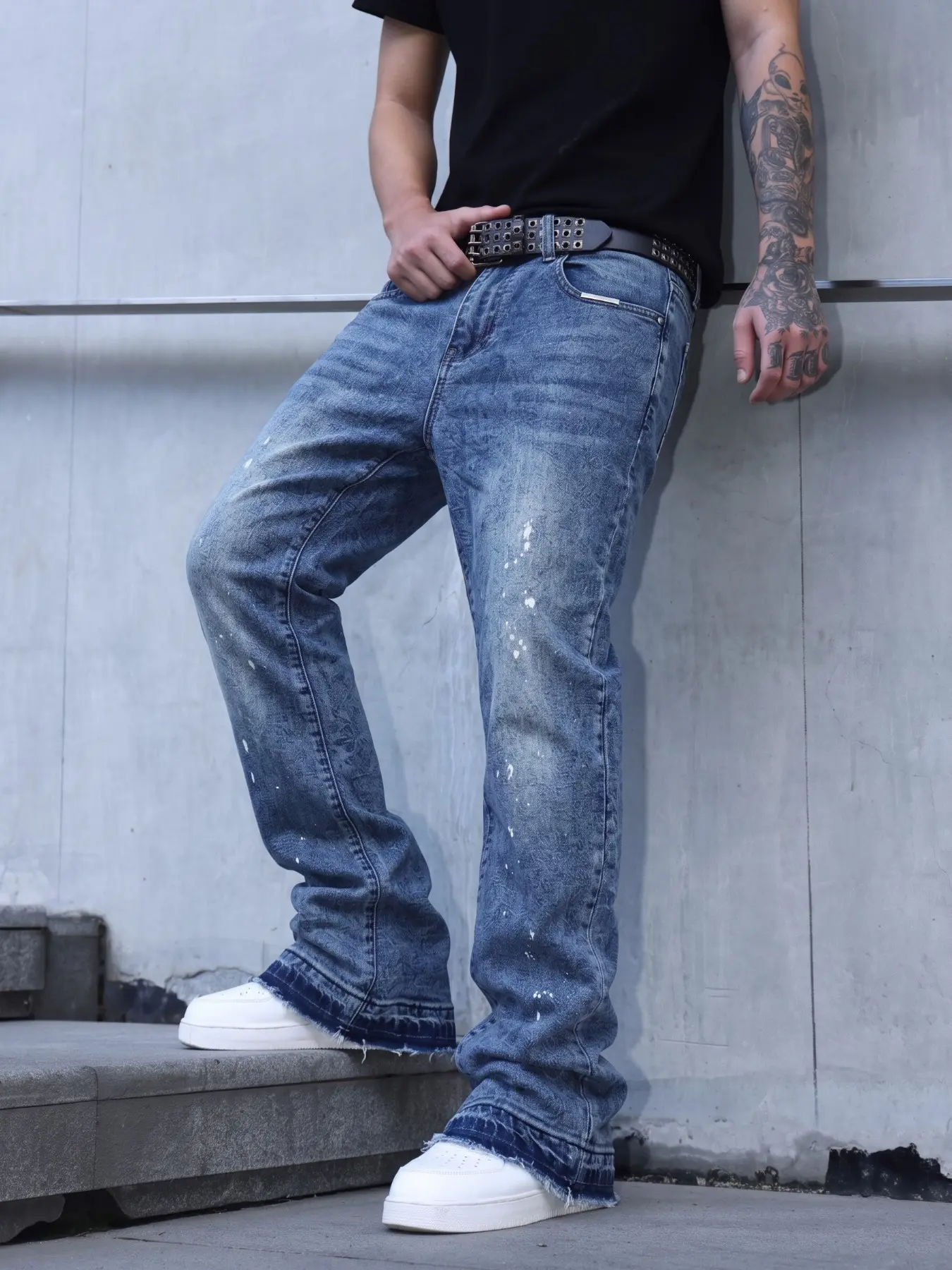 Men's Washed Ink Splatter Jeans, Elastic Micro Flare Pants, Ripped Patchwork Bell Bottoms, Y2K Stacked Denim, All-Season Wear