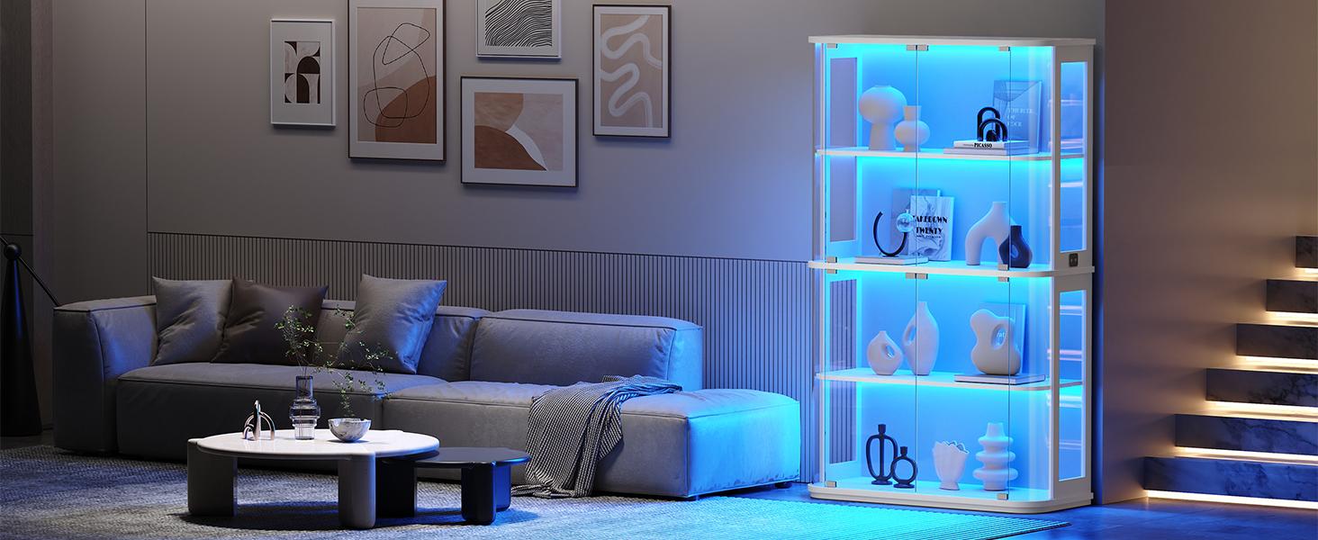 MIIFUNY Large Rounded Display Cabinet with Glass Door, 4-Tier Curio Cabinet with 3 Color Lights for Collectibles, Figures, Glass Display Case with Transparent Full-Display Surface, Human Body Sensor, White MIIFUNY Large Rounded Display Cabinet with Glass Door, 4-Tier Curio Cabinet with 3 Color Lights for Collectibles, Figures, Glass Display Case with Transparent Full-Display Surface, Human Body Sensor, White