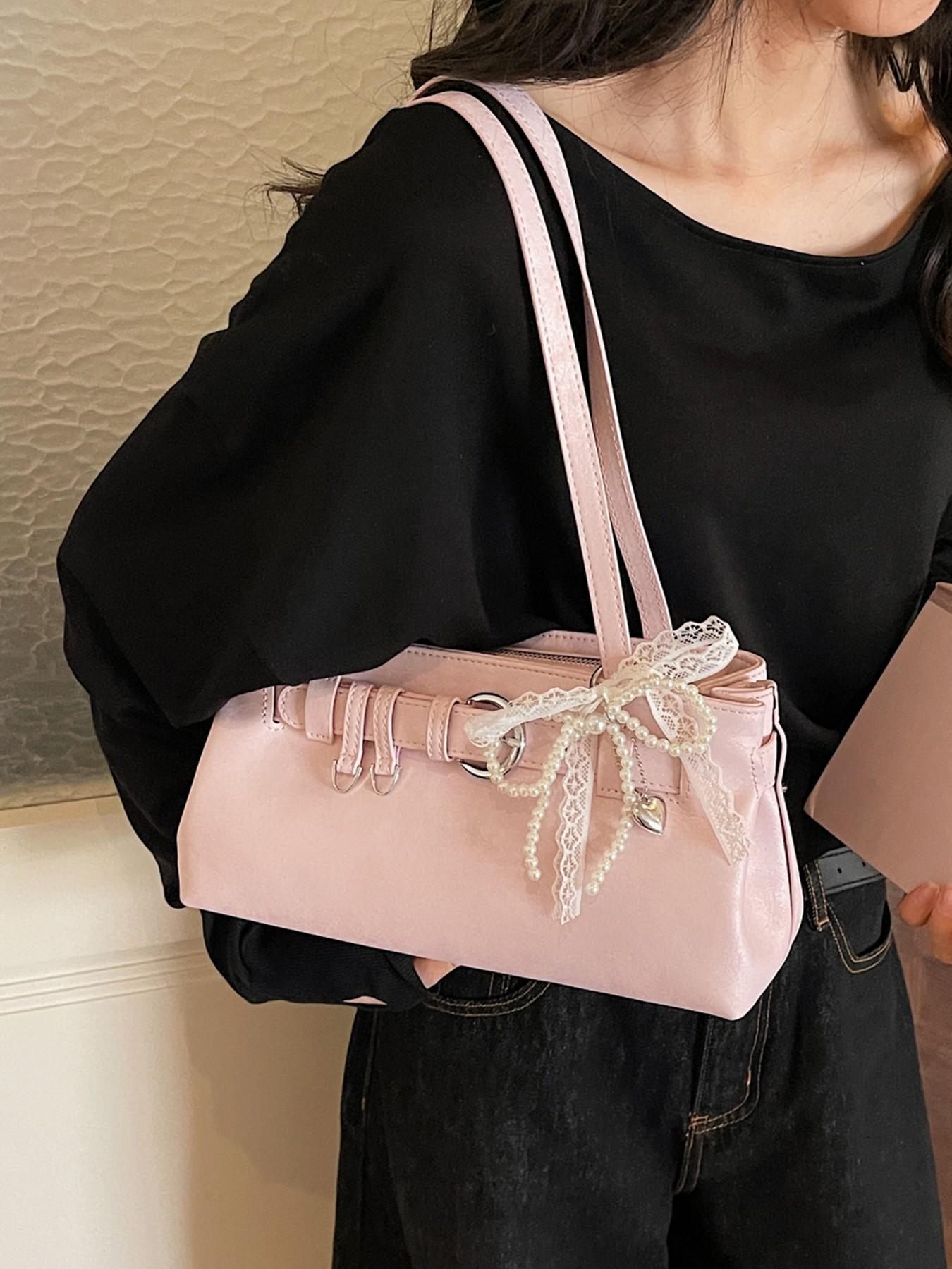 Gentle, sweet and cute style with a light luxury texture under the arm bag, decorated with lace and pearl bow, elegant atmosphere, fashionable and personalized shoulder bag, Fashion Bags, can accommodate mobile phones and lipstick