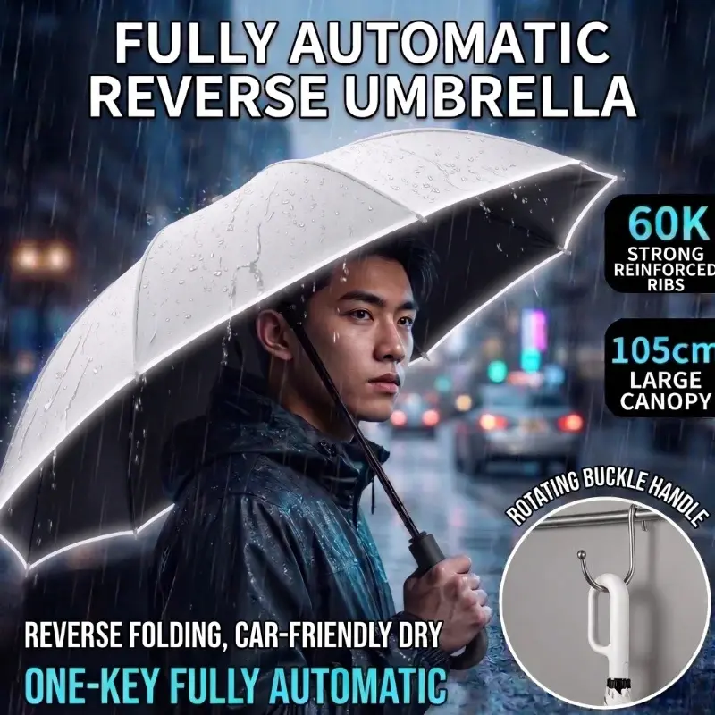 60K Buckle Men Women Umbrella Fully Automatic Reverse Folding Umbrella with Windproof Reflective Stripe UV Umbrellas