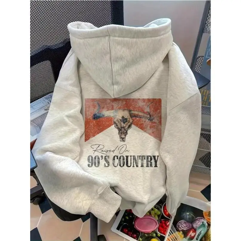 90s Western Country Bull Graphic Hoodie, Vintage Oversized Women Fall Outfit 2026 Casual Long Sleeve Drop Shoulder Pocket Pullover Hoodie, Trendy Daily Wear, Same Day Shipping Fashion Tops For Ladies