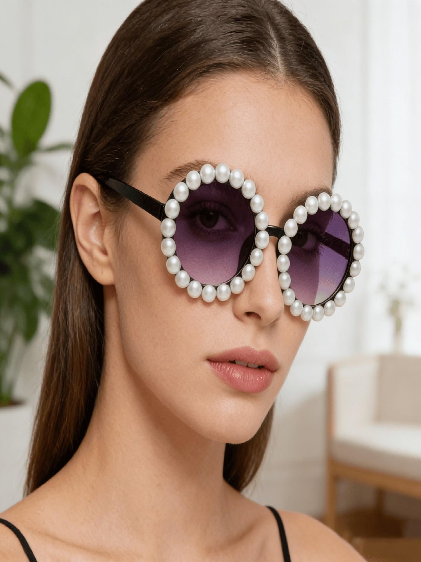Pearl Trim Water Drill Flower Sunglasses, Gradient Lens, Perfect for Wedding, Party, Beach, Music Festival, Daily Wear, Date Night
