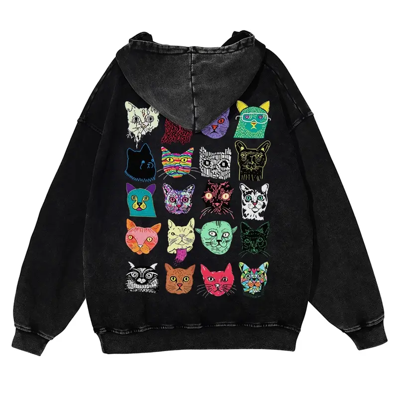 Men's Thick Aesthetic Hoodie - 380g Autumn Vintage Washed Cotton Oversized Casual Pullover, Colorful Abstract Cat Faces Back Print Doodle Art Kitten Collection, Cute Animal Sweatshirt Streetwear Top for Jeans Pairing