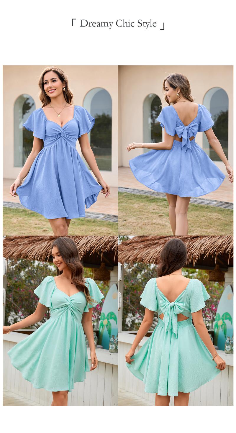 Chicovar Women's Summer Sweetheart NecklineKnot Front Flowy Mini Chiffon Dresses, Flutter Sleeve, Tie-Back, A-Line Cut, No Scratchy, No Sheer, Wedding Guest,Bridal Shower, Church, Party, Casual, or Daily Wear