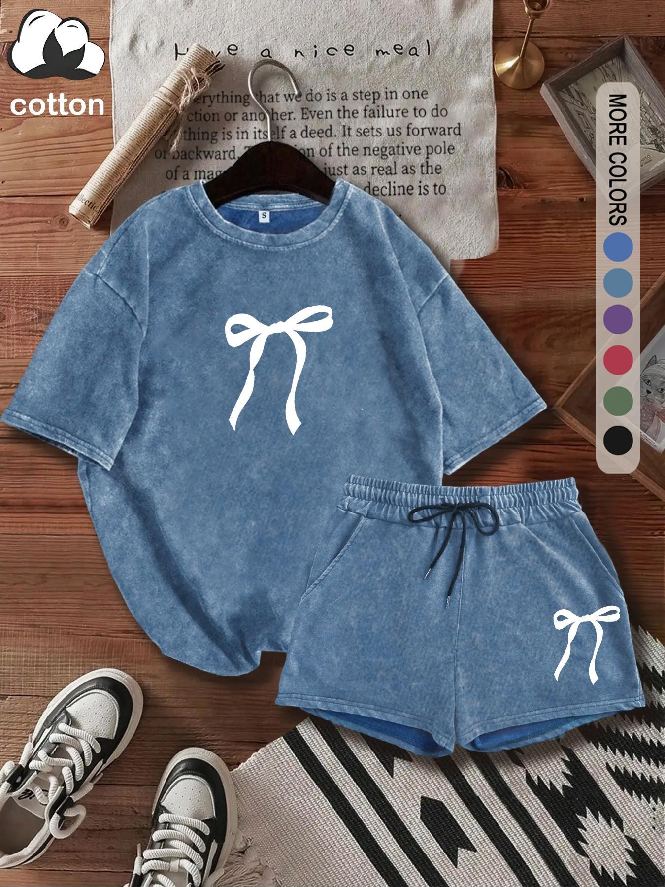 Women's Two-Piece Set, Bow Print Short Sleeve Tee & Shorts Outfit, Casual Round Neck T-Shirt & Shorts for Daily Wear, Suits, Fashion Clothing Set