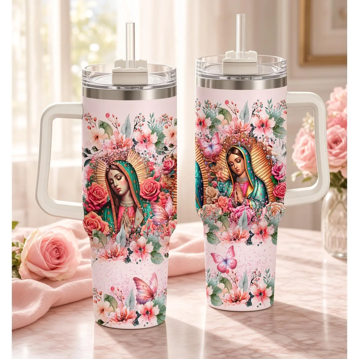 Religious Floral Butterfly Art 40oz Handle Tumbler Set, Our Lady of Guadalupe Themed Stainless Steel Insulated Travel Cups, Home Car Daily Drinkware & Holiday Gift Set