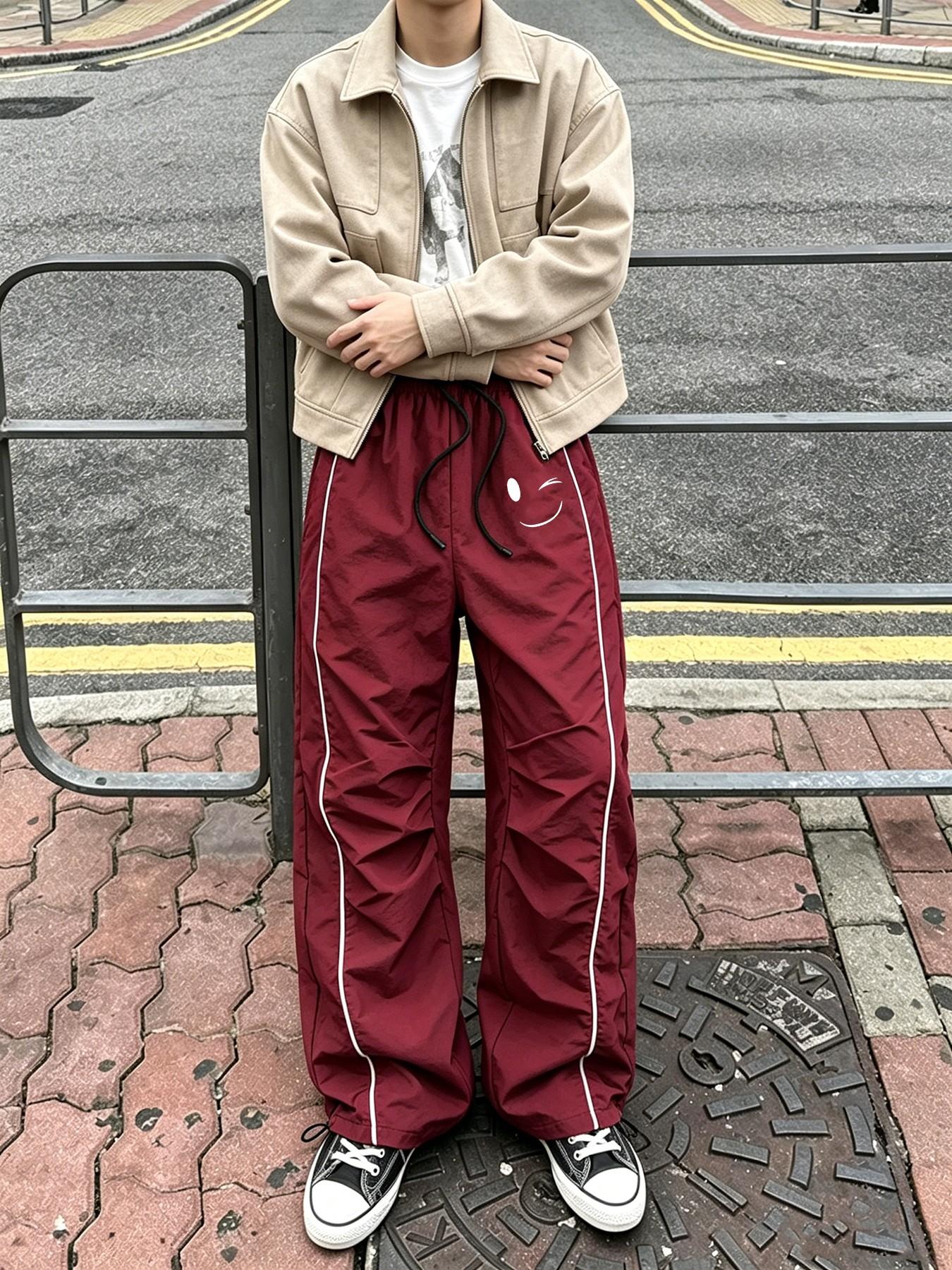 Vintage Streetwear Men Side Stripe Track Pants Drawstring Elastic Waist Adjustable Hem Minimalist Wink Smiley Face Graphic Print Daily Casual Sport Trousers