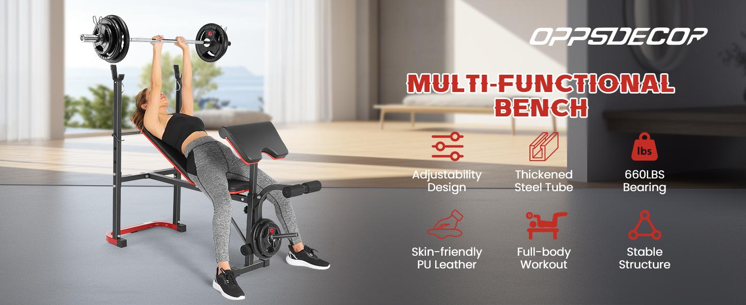 OPPSDECOR Adjustable Weight Bench Set with Leg Developer & Preacher Curl Pad, Full Body Workout Bench Press Set with Squat Rack for Home Gym Fitness, Standard Strength Training Bench
