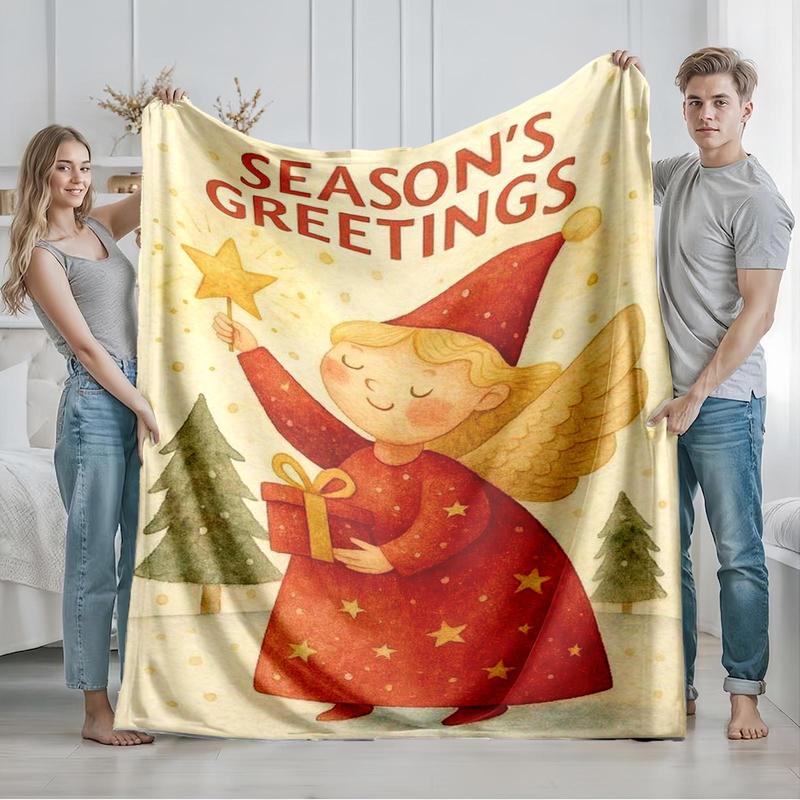 1 piece Festival Blessings Little Angel themed flannel blanket - Oversized fluffy flannel sofa blanket, suitable for beds and sofas, modern design, all-season use, digitally printed pattern, 100% polyester material, machine washable, suitable for