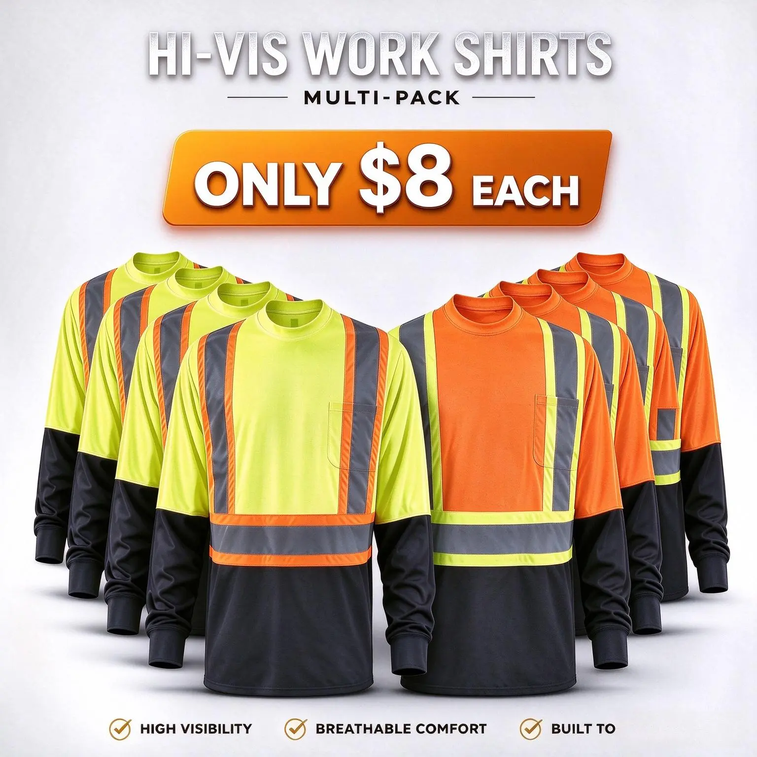 $44.98 5-Pack / $55.98 7-Pack Men's High Visibility Long Sleeve Safety Shirt, 2" Reflective Stripes Work Top with Chest Pocket, Hi Vis Shirts for Construction, Road & Warehouse Work, Safety Yellow & Orange, S-3XL