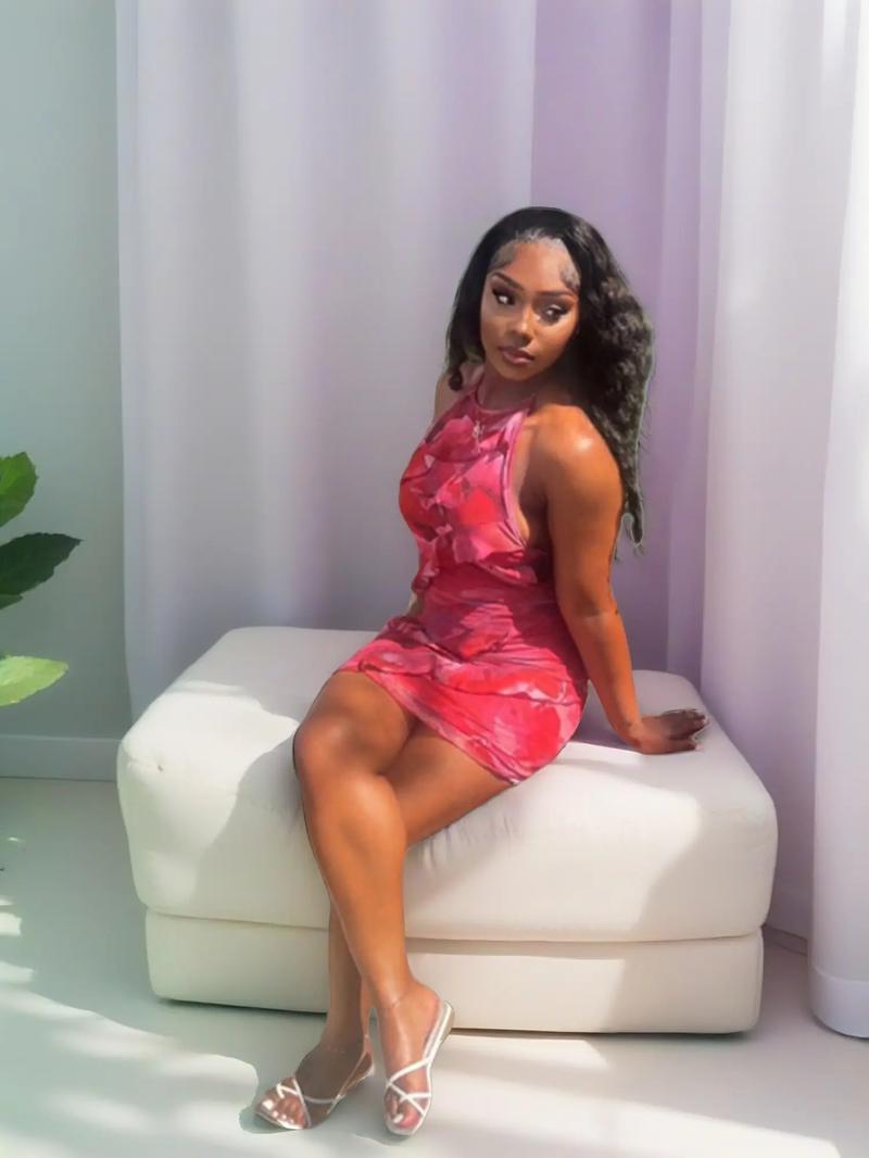 Women's Summer Strapless Belted Dress, Hip Frill Decoration, Fashionable Sexy Party Mini Dress, Sleeveless Floral Print, Slim-Fitting, Elegant Romantic Dress