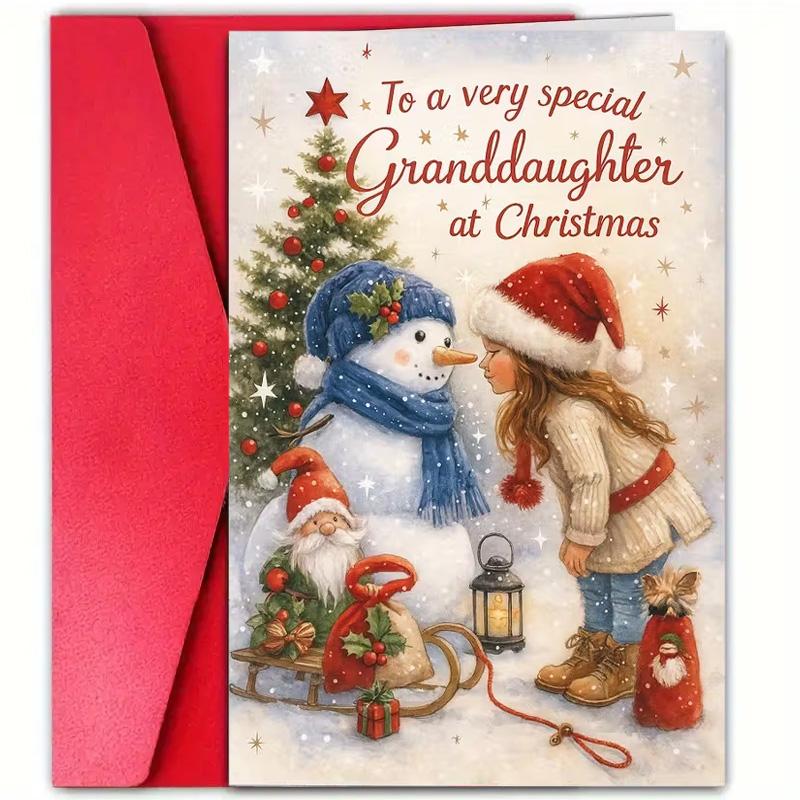 1pc Fun Christmas Card For Granddaughter With Envelope, Snowman And Granddaughter, Heartwarming Winter Scene With Snowflakes, Expressing Love And Joy In Christmas,  Perfect Grandparents Gift For Christmas, New Year, Birthday