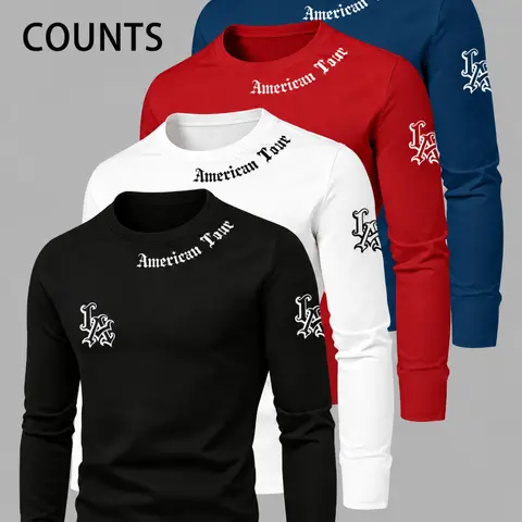 Men's 4-Piece Casual Fashion Long Sleeve Loungewear Set, Pajama, Letter Print, Soft and Comfortable Top for Spring & Autumn Wear