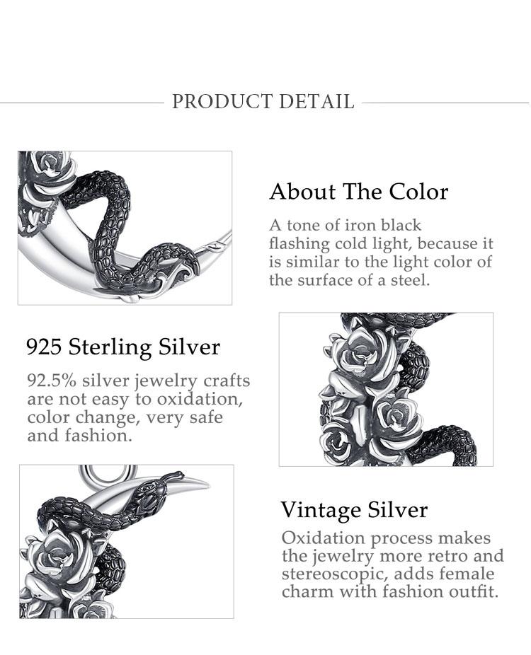 925 Sterling Silver Snake and Moon Pendant Necklace, Gothic Witchcraft Jewelry with Roses, Vintage Jewelry for Women