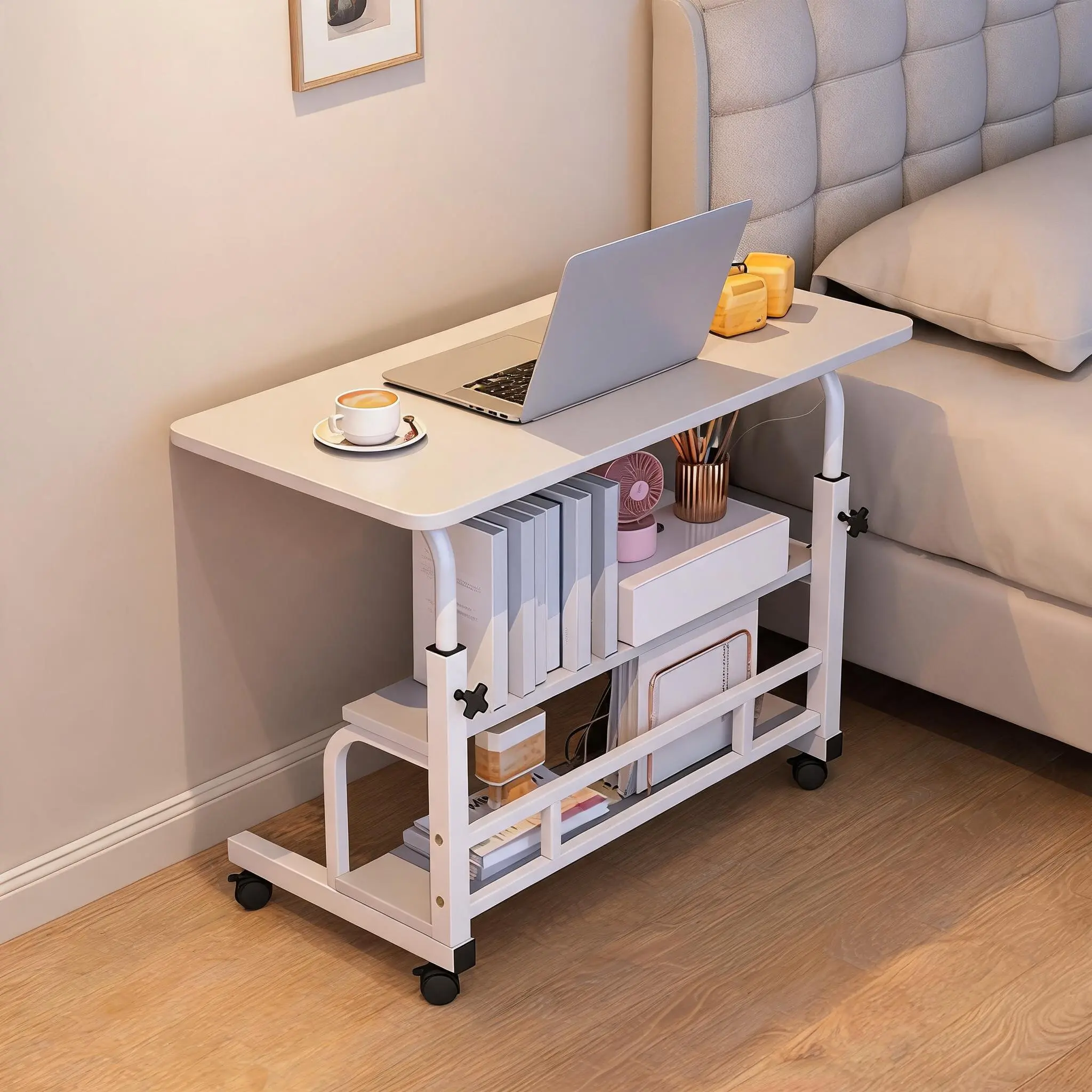 Adjustable Height Mobile Standing Desk with 3 Storage Shelves, Rolling Computer Table for Bedroom Home Office, White / Walnut Available