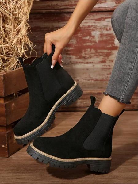 Chunky Sole Chelsea Boots for Women, Trendy High Heel Ankle Boots, Casual PU Leather Short Boots for Fall & Winter