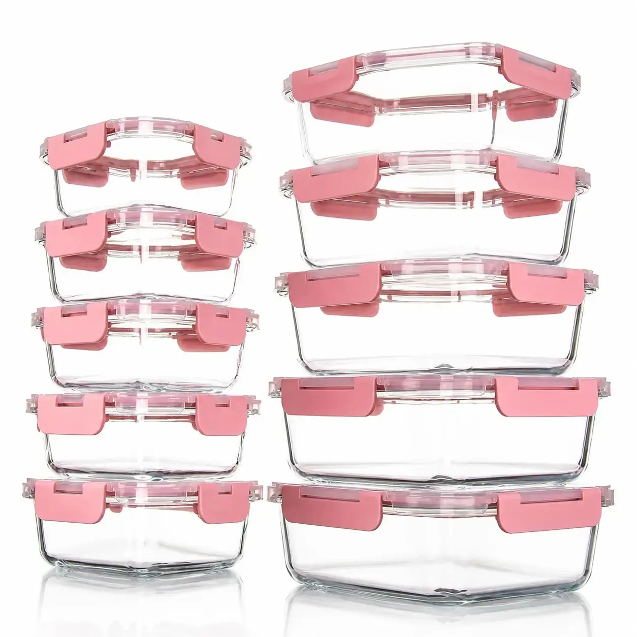 10-Pack Glass Meal Prep Container Set, Leakproof Airtight Reusable Lids, Stackable Kitchen Food Storage Bins for Lunch & Leftovers Organization