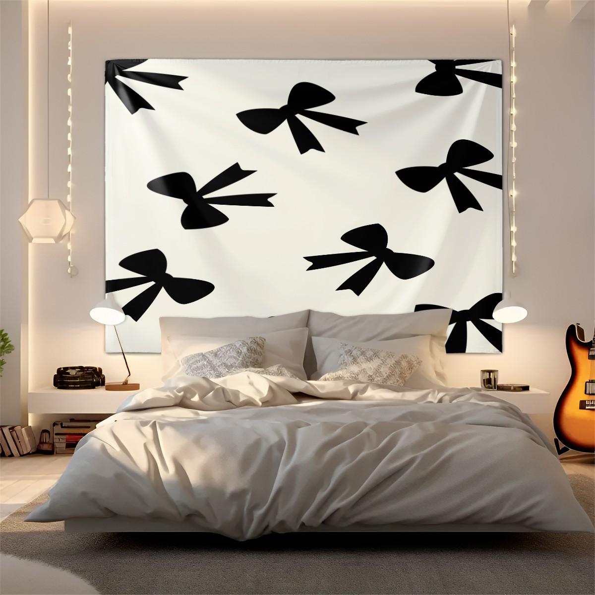 Bow Print Wall Tapestry, Minimalist Bedroom Wall Decor with Heart Accents, Aesthetic Gift for Girls