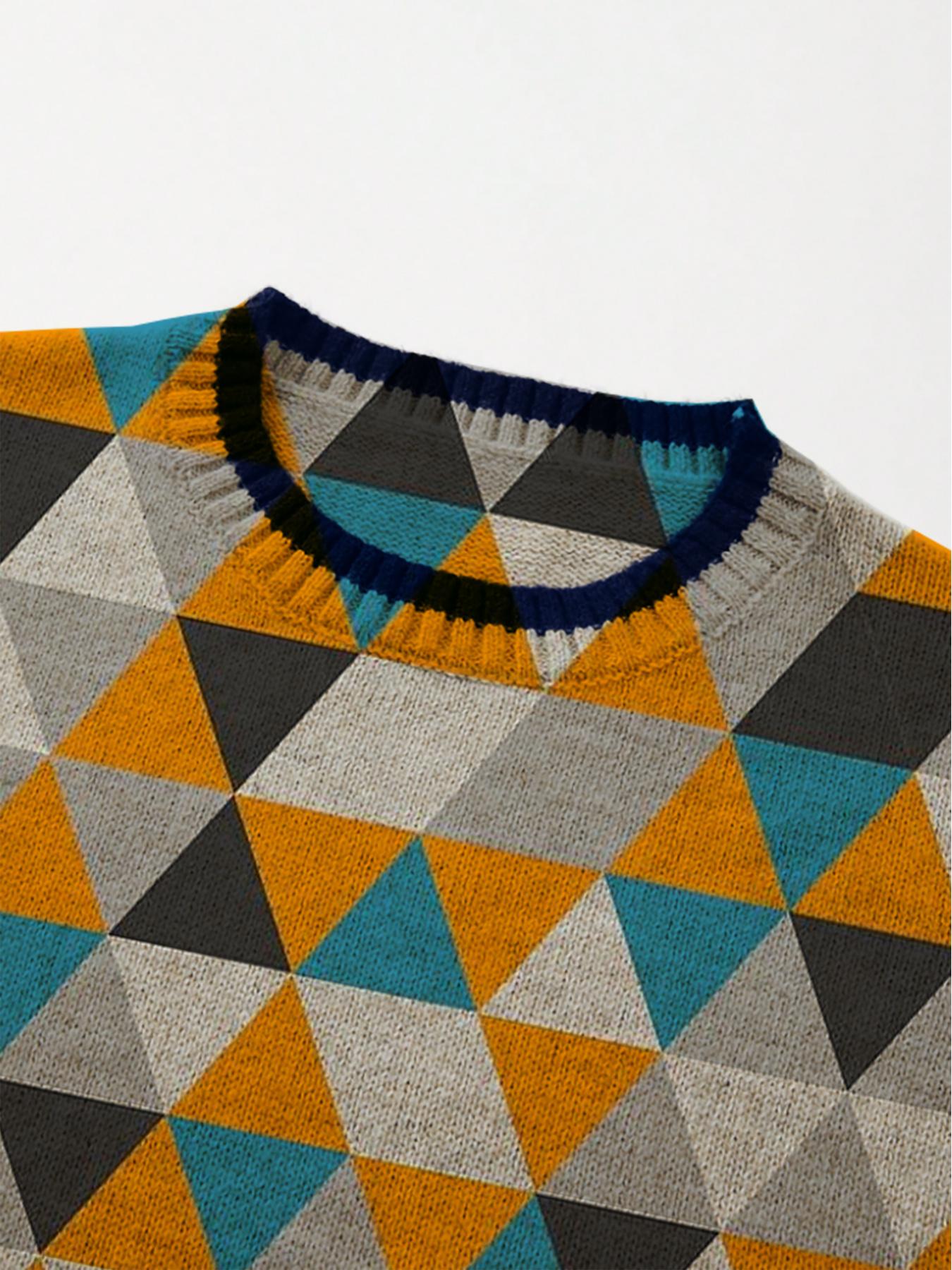 Geometric Triangle Patchwork Colorblock Sweater, Casual Short Sleeve Knit Top, Comfortable Warm Women's Clothing for Fall Winter