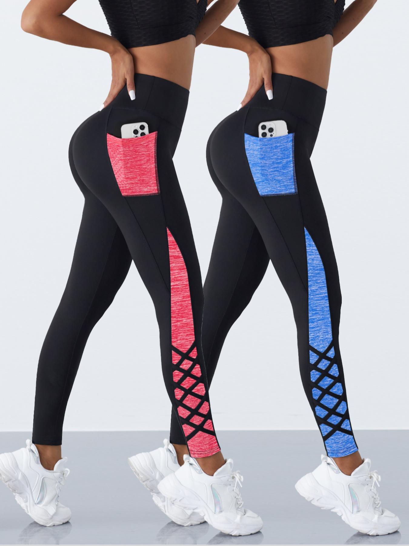 2 Pcs Crossover Straps Color Block Pocket Yoga Pants, Women's Sports Trousers, Suitable for All-seasons Wear, High Waisted Leggings