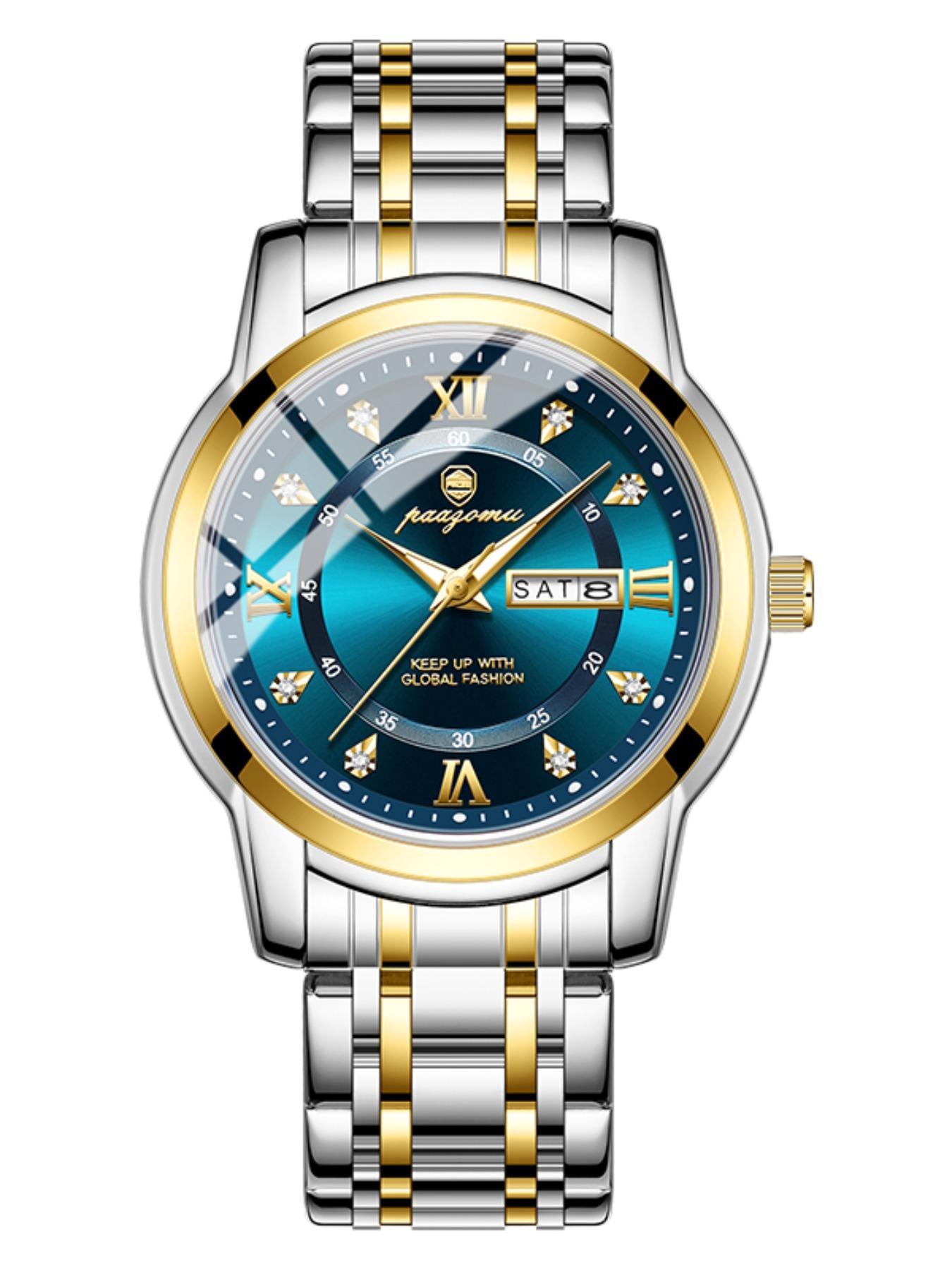 Paazomu Luxury Men's Watch, Waterproof Luminous Date, Stainless Steel Sport Fashion, Quartz Watch for Men, Stylish Male Clock