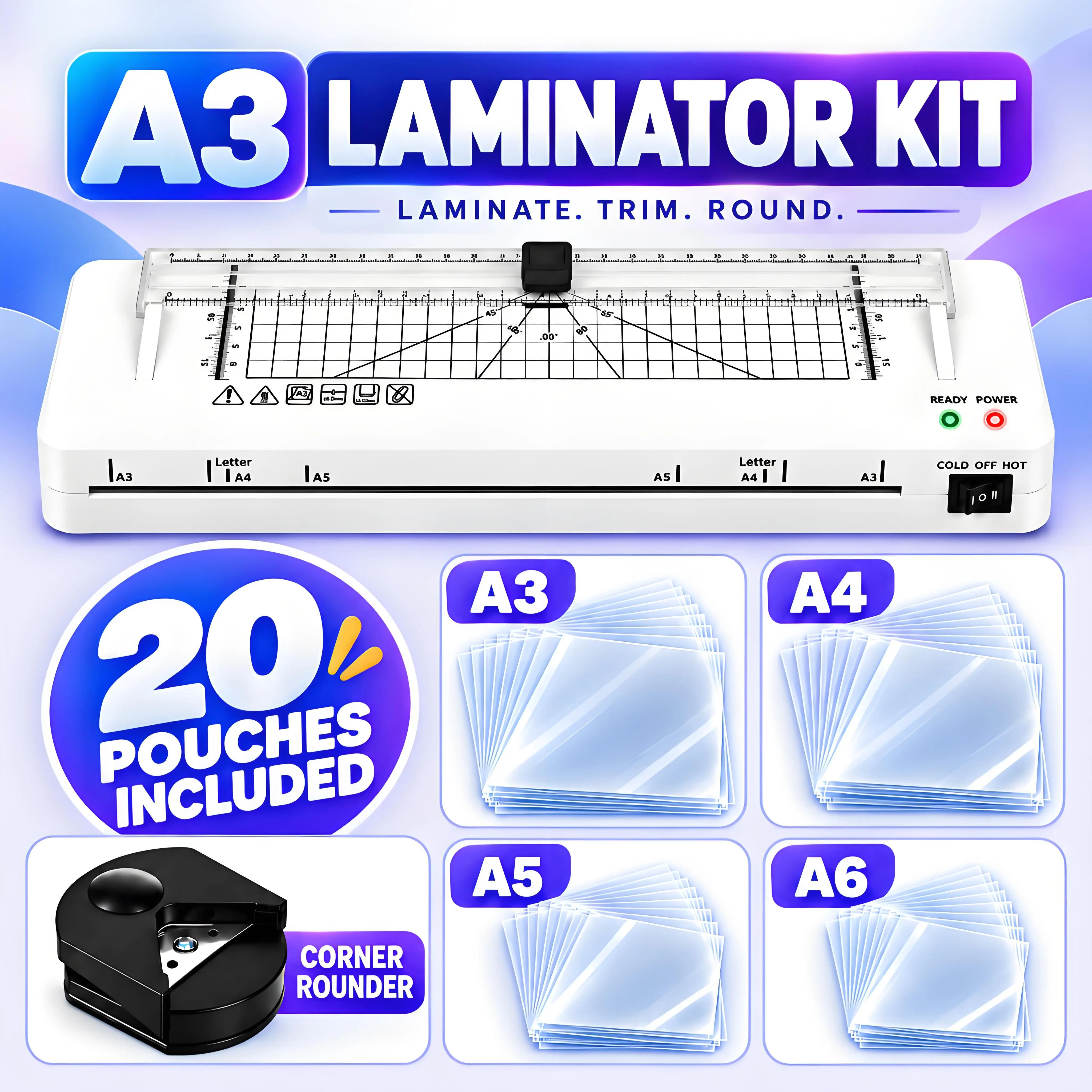 A3 Laminator Machine - 4-in-1 Office Equipment with Cold and Thermal Modes, Fast Warm-Up, Smooth Laminating, 20 Laminating Pouches, 320mm Width, Anti-Jam System, Built-In Cutter, Corner Rounder, A4/A5/A6 Compatible for School, Family Use