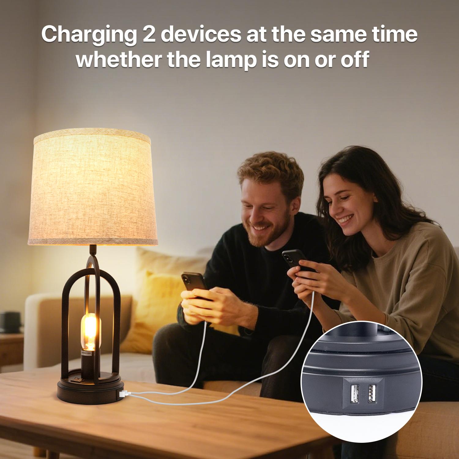 GALENTAL Bedside Lamps For Bedroom, Table Lamps Set Of 2 with USB Ports, Side Table Lamp For Living Room, Nightstand Lamp Lamp With Button Control, Rustic Fabric Shade, Unique Base Design for Bedroom, Living Room, Reading, Desk