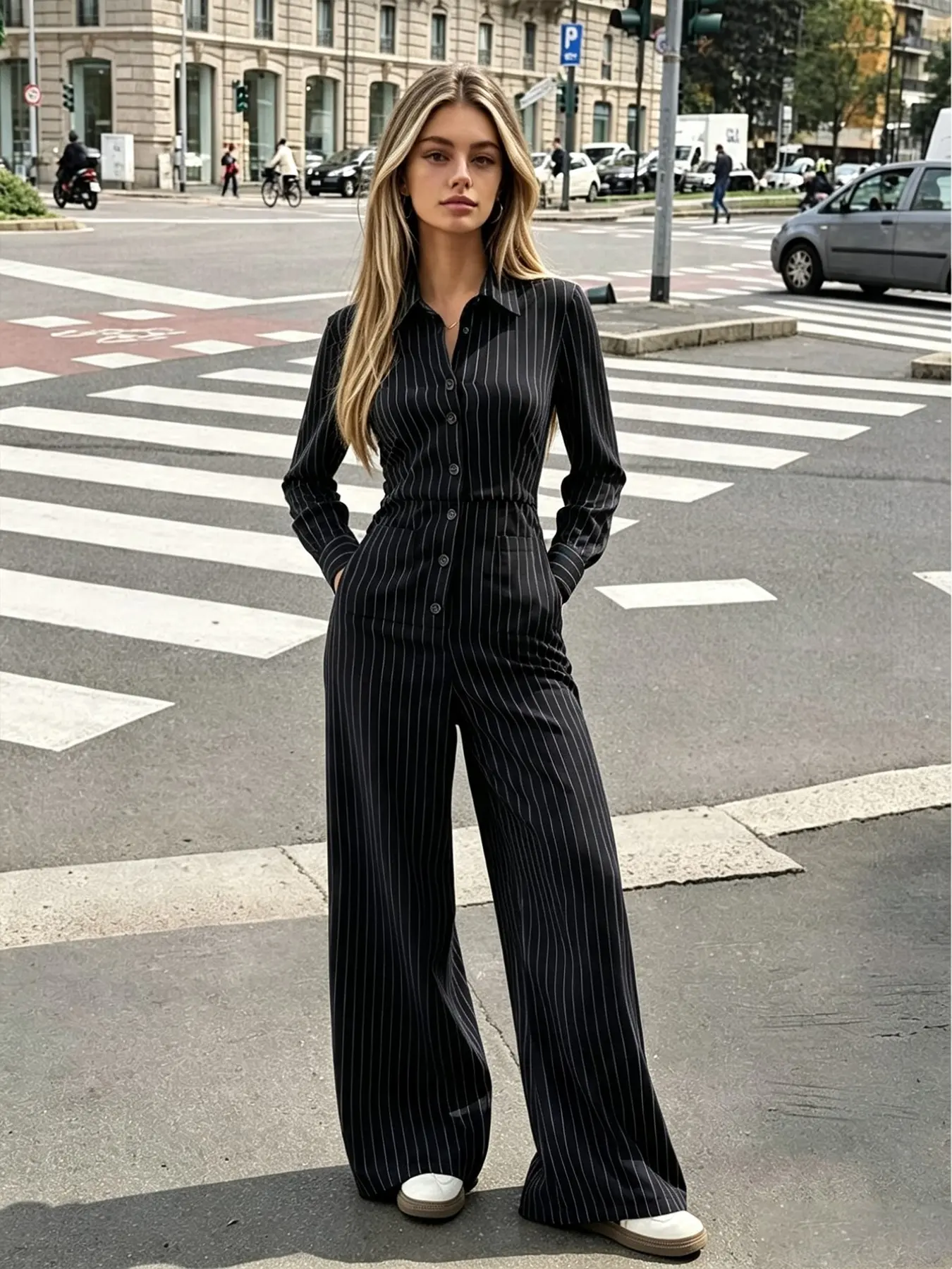 Women Striped Collared Button-Down Jumpsuit, Long-Sleeve Wide-Leg Romper, Casual Office Wear, Spring Fall Fashion, with Pockets