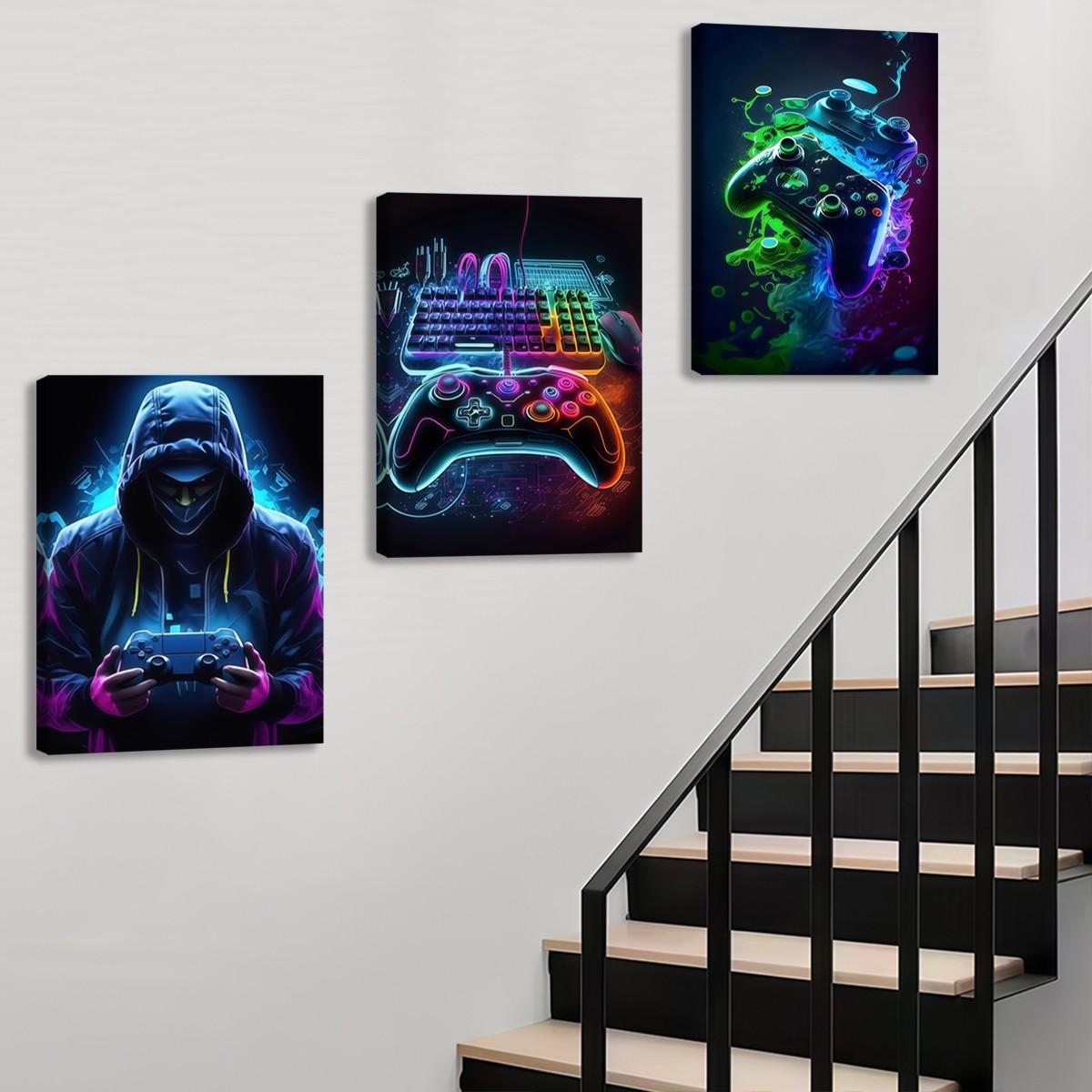 3-Pack Wood Frame Canvas Art, Neon Game Controller Wall Decor, Modern Home Decoration, Waterproof Odorless, Living Room Bedroom Office