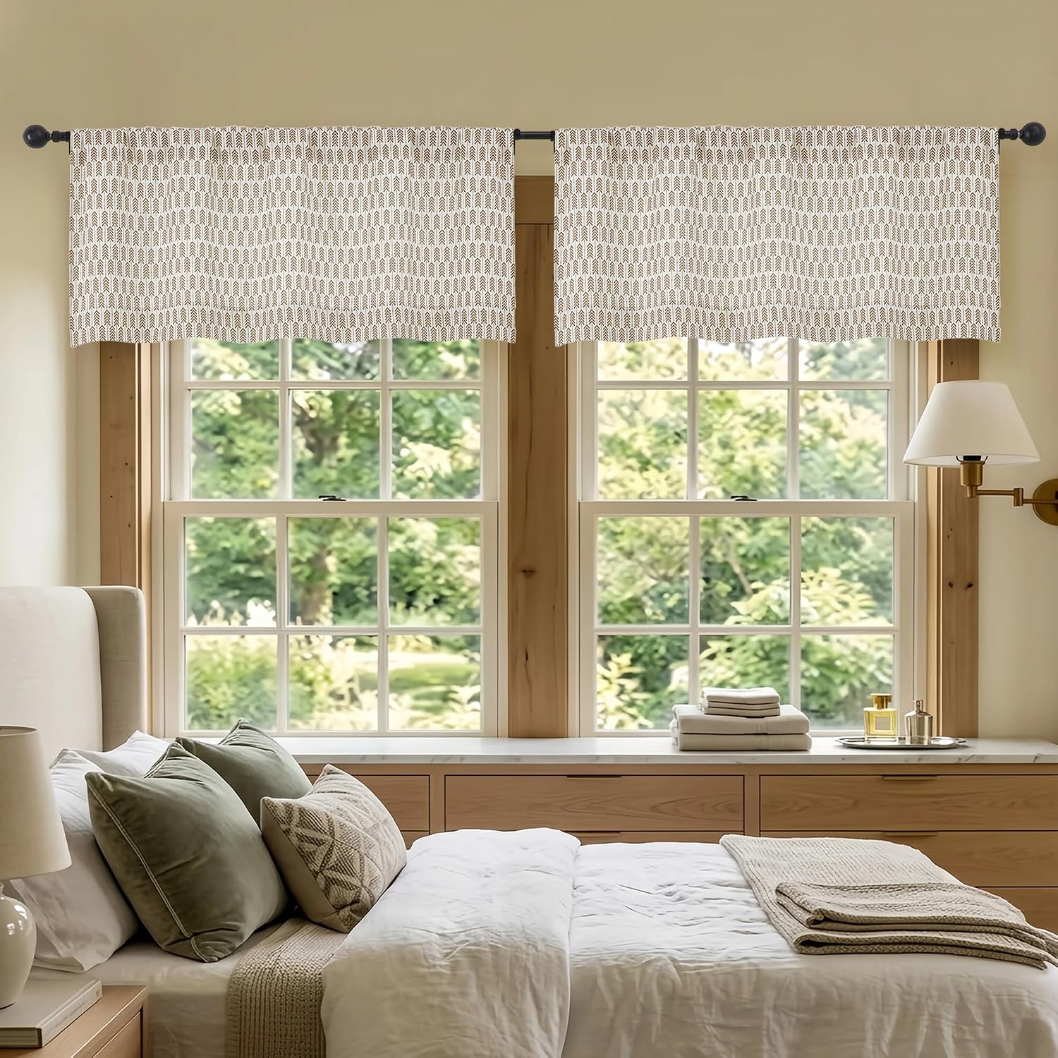 Valances for Windows - Light Filtering Faux Linen Small Valance Kitchen Curtains, Boho Rod Pocket Short Cafe Curtains for Bathroom Basement, 52Wx14L, 2PCS, Taupe